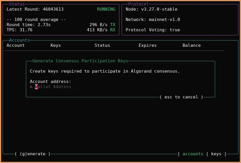 NodeKit account address prompt